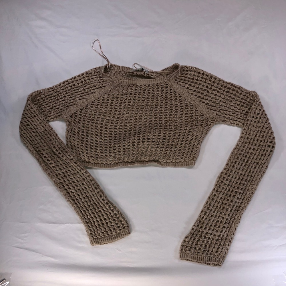 Love Tree Women Taupe Open Knit Crochet Crop Top Sweater Long Sleeve Small
